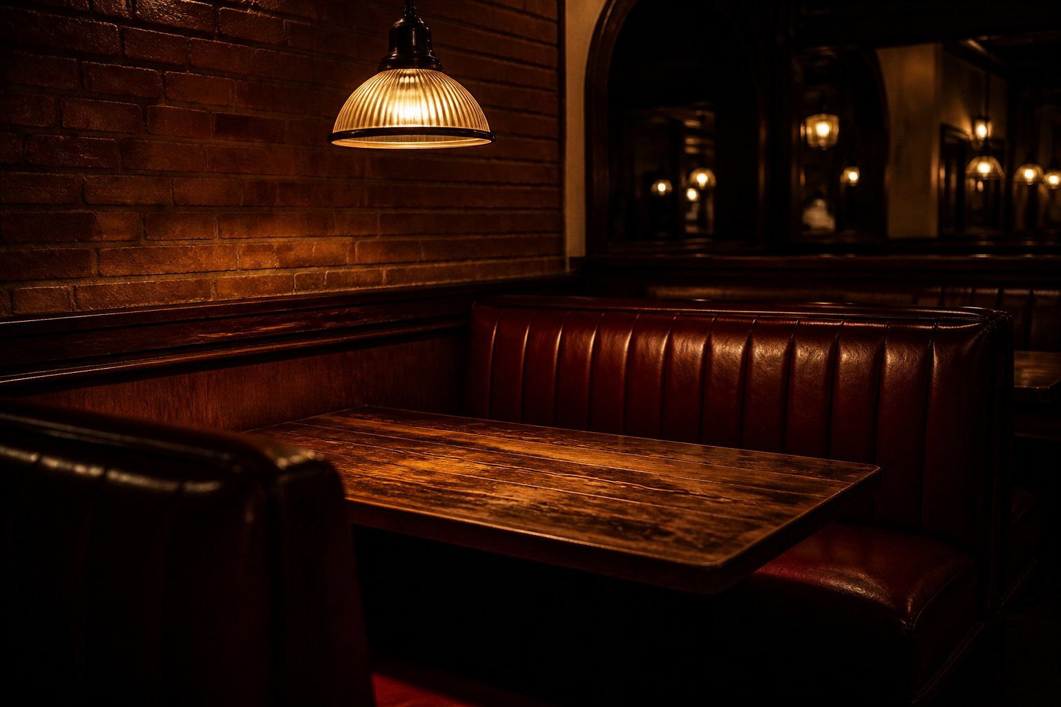 An empty booth in warm lamp light.