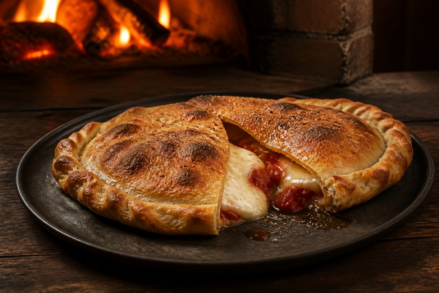 A baked calzone on a dark plate.