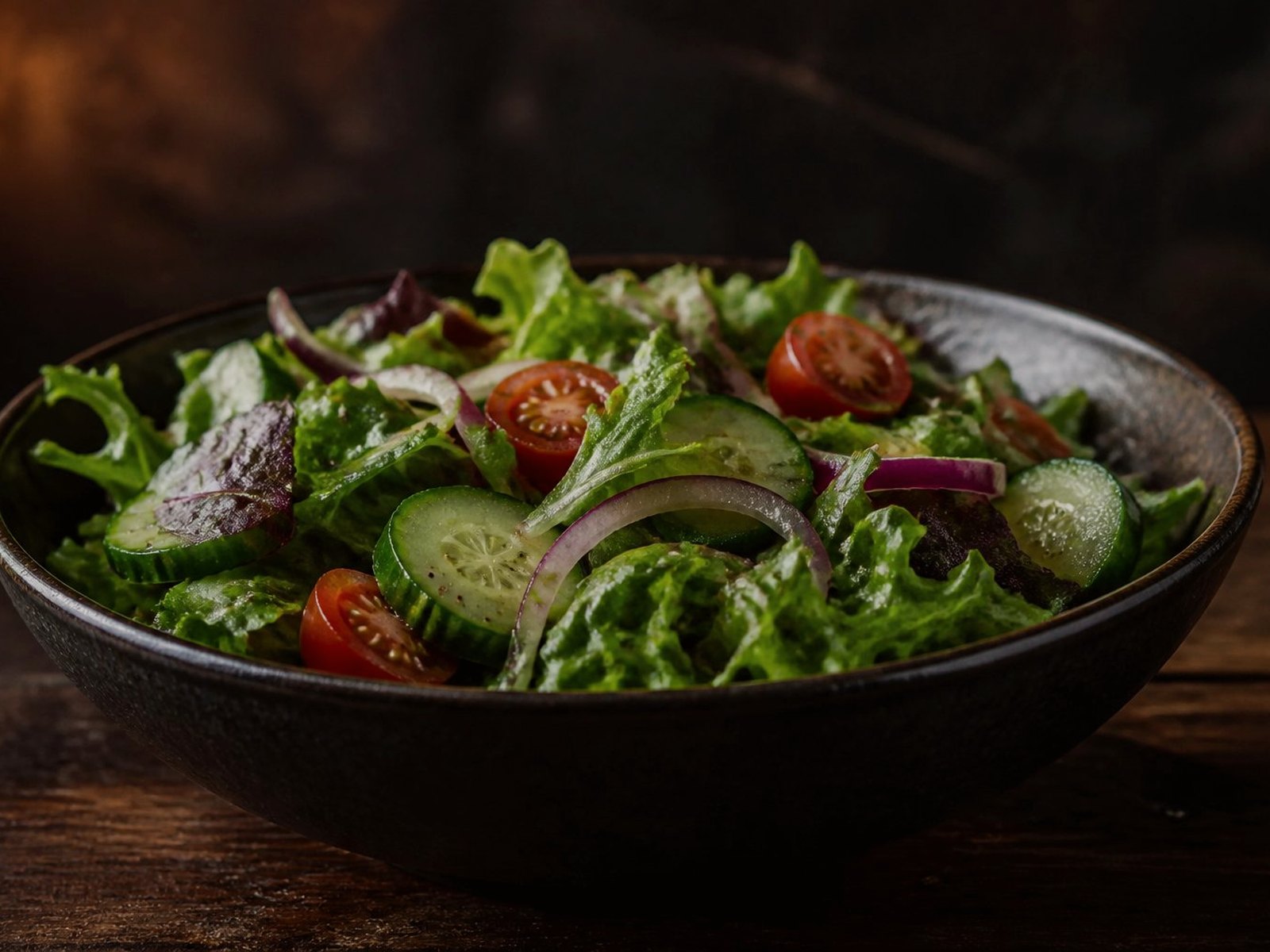 A house salad on a dark wood table.