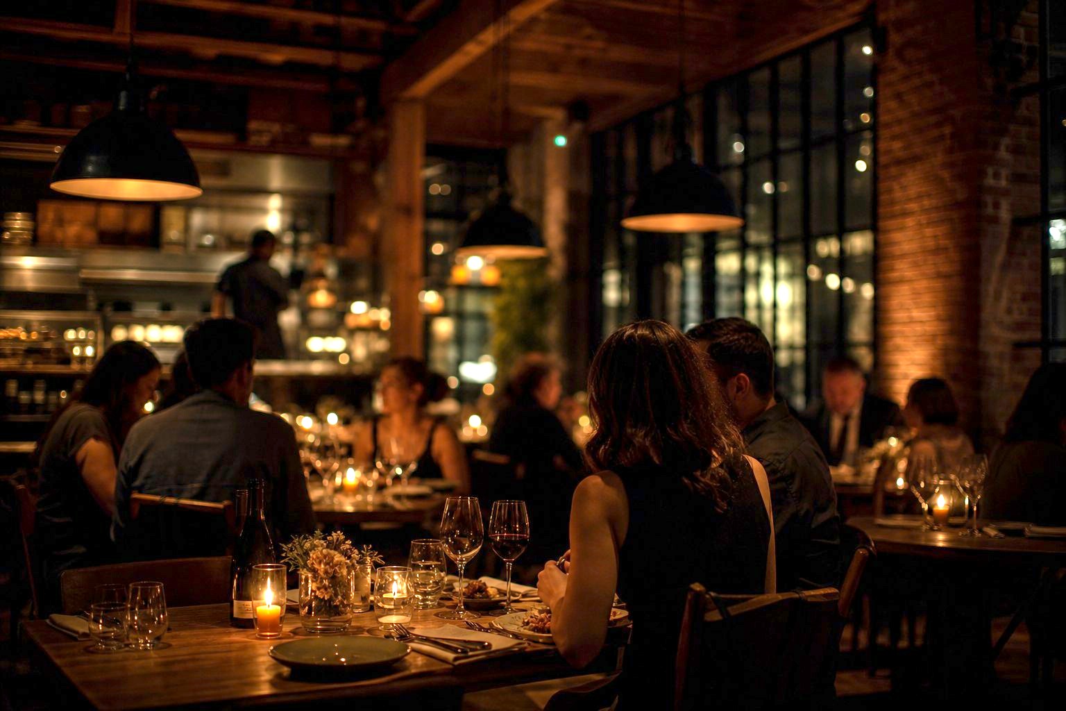 A dining room with people at tables and warm hanging lights.
