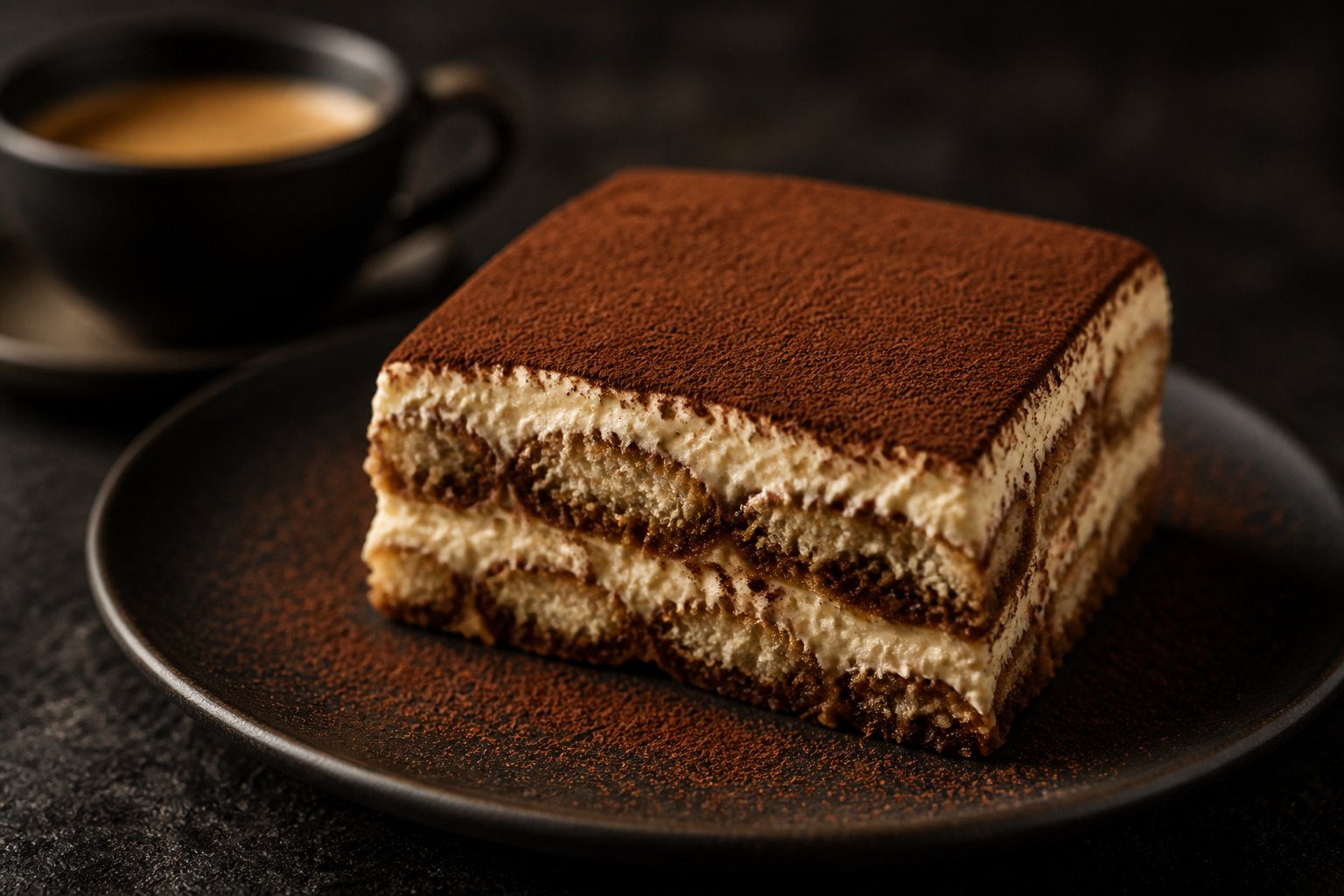 A slice of tiramisu on a dark plate.