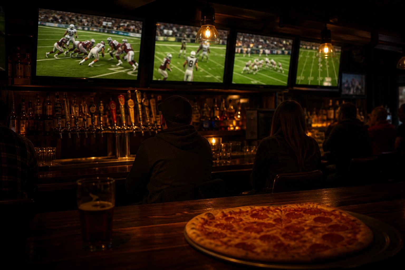 The bar, football on the screens.