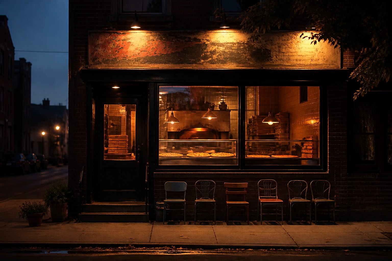 The shop at dusk.