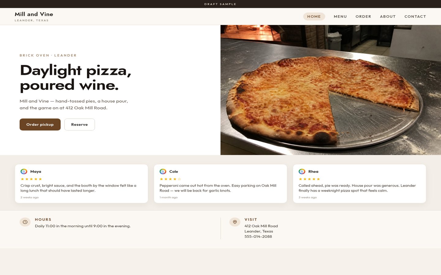 Daylight Split look: Mill and Vine, bright split layout, pizza in the light.