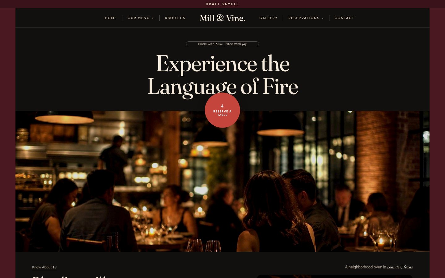 Drizzle look: Mill and Vine, dark serif, brick-red.