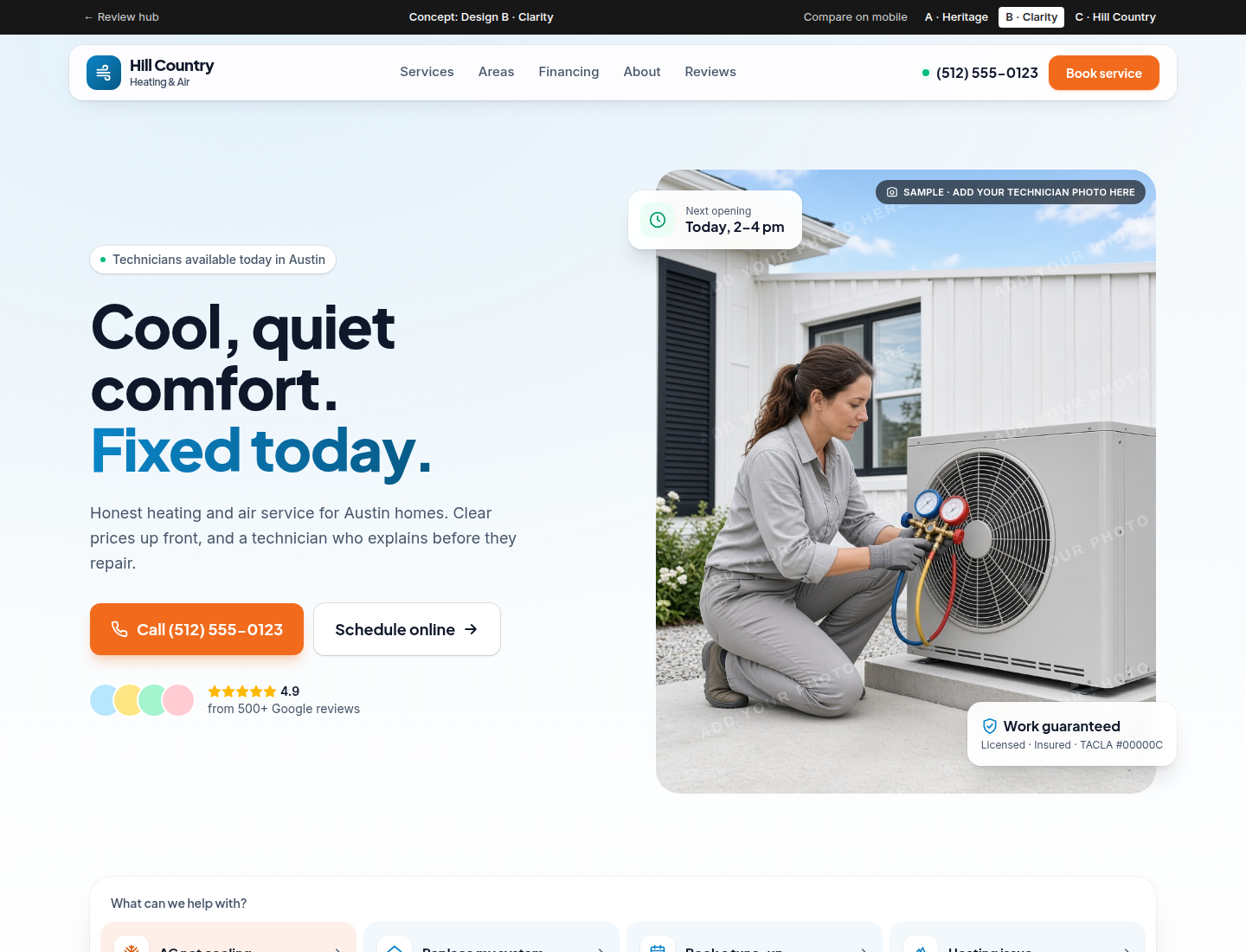 Clarity look: Hill Country Heating and Air, cool blue and orange, modern and clean.