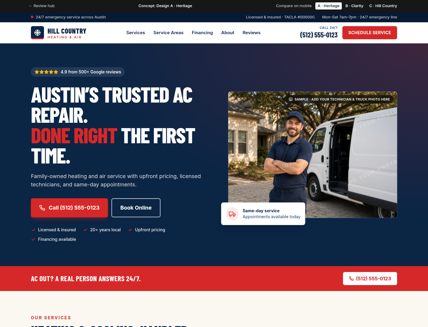 Heritage look: Hill Country Heating and Air, navy and red, classic and trustworthy.