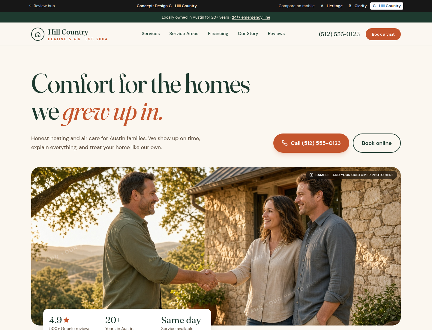 Hill Country look: Hill Country Heating and Air, sand and forest green, warm editorial.