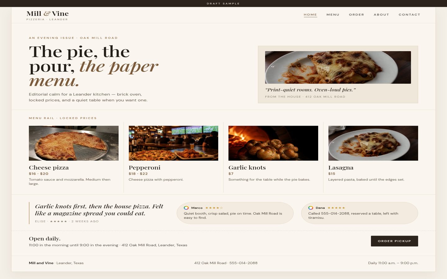 Paper Rail look: Mill and Vine, cream paper, quiet type, a long menu rail.