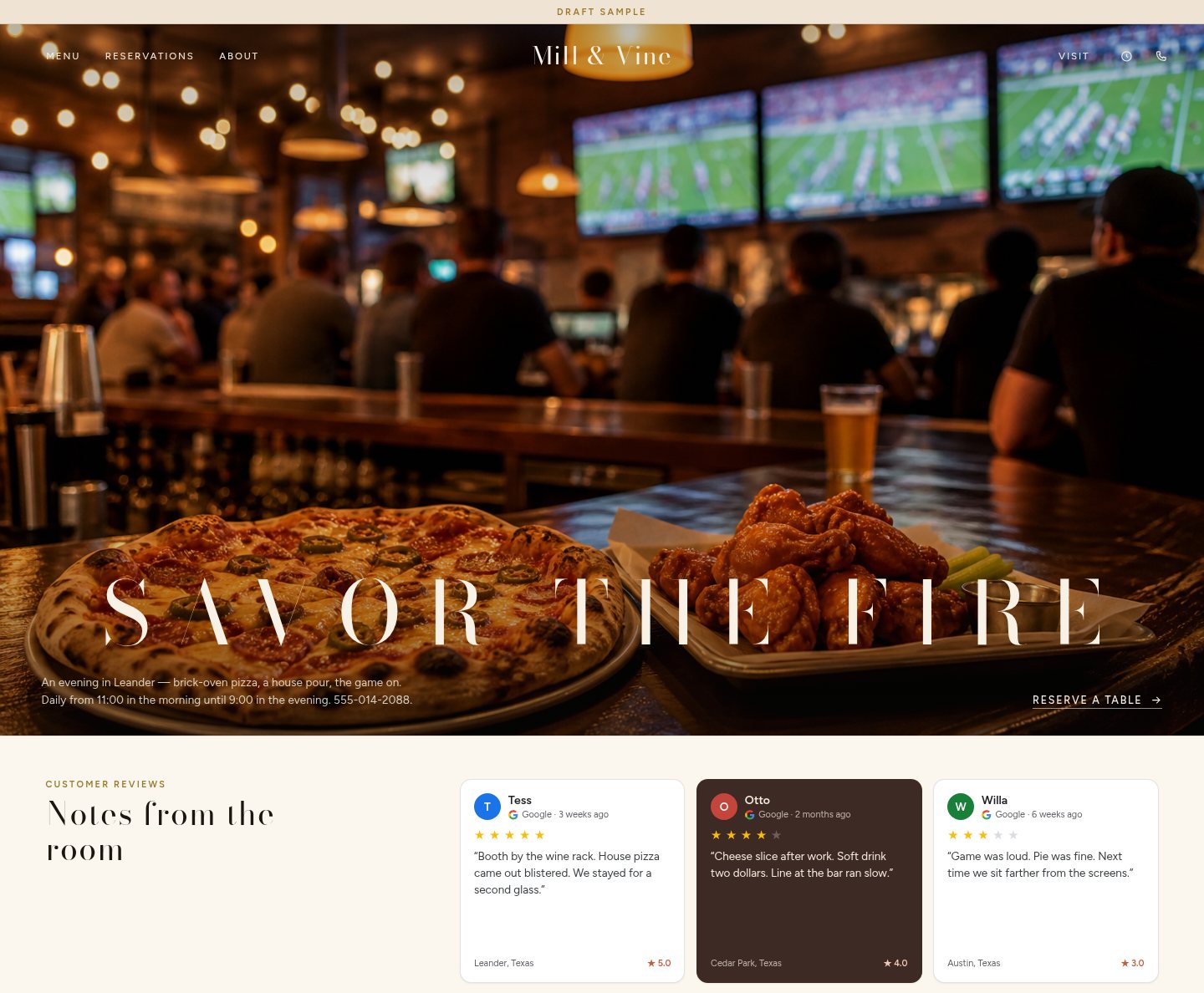 Light Veloura look: Mill and Vine, cream paper, pizza and wings, Google-style reviews.
