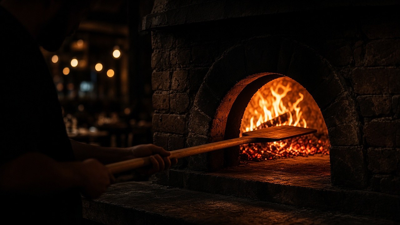 A cook sliding a pie into the glowing brick oven.