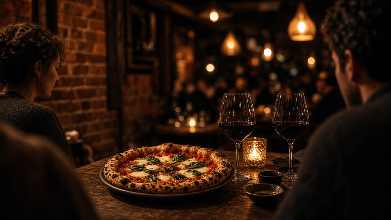 A cheese pizza on a dining table.