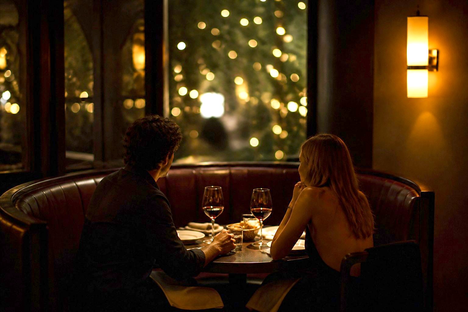 A booth for two with wine glasses.