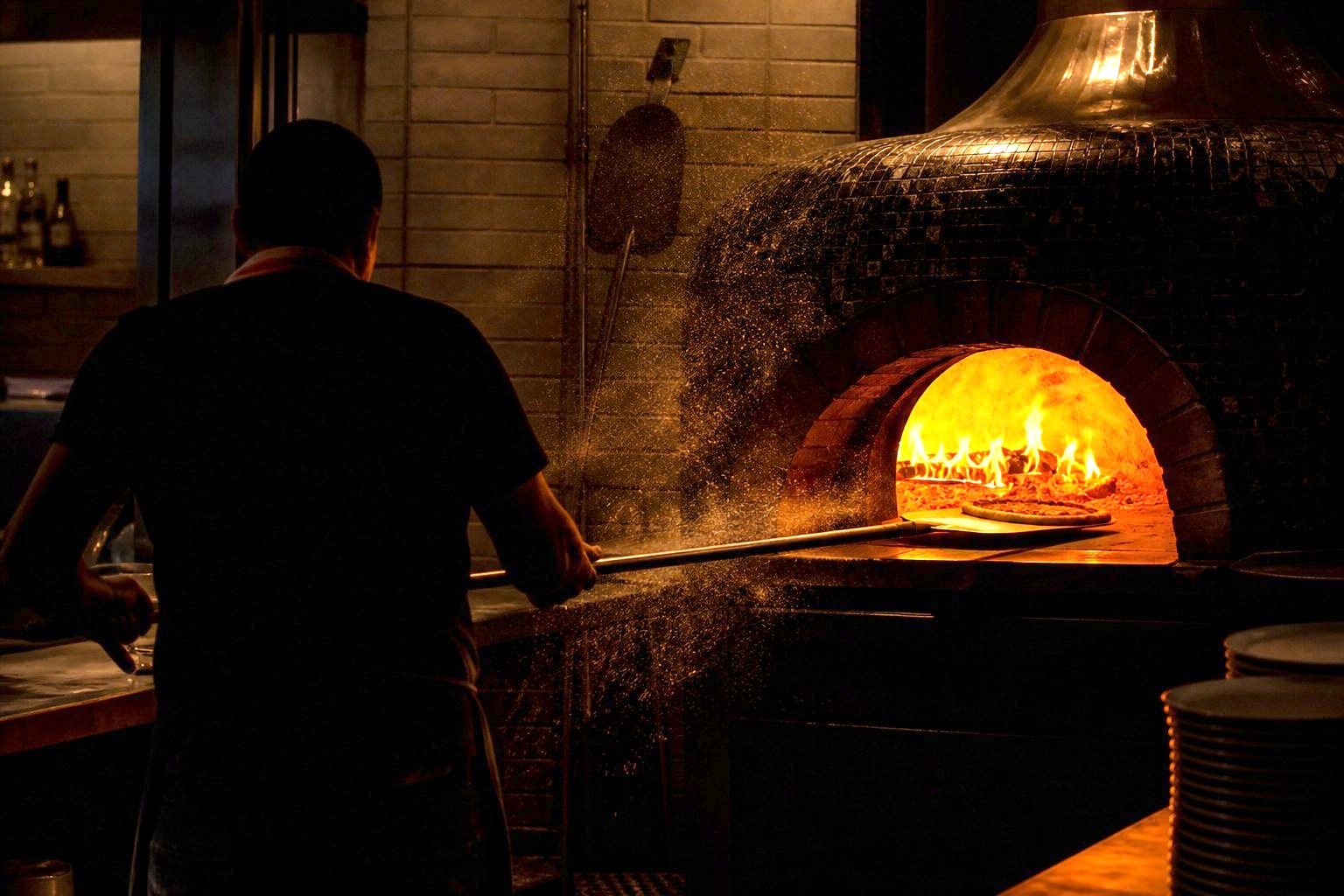 A cook sliding a pie into the brick oven.