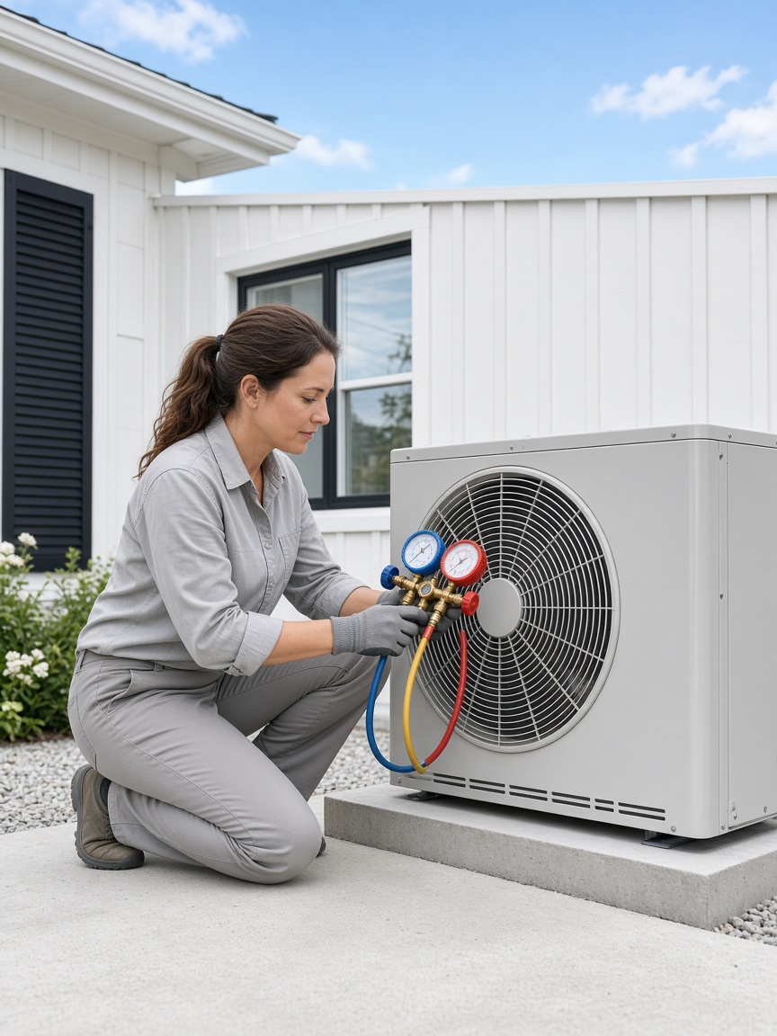 Technician checking an outdoor AC unit with a gauge set
