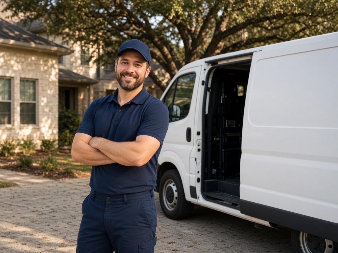 Technician standing beside a service van in a homeowner's driveway